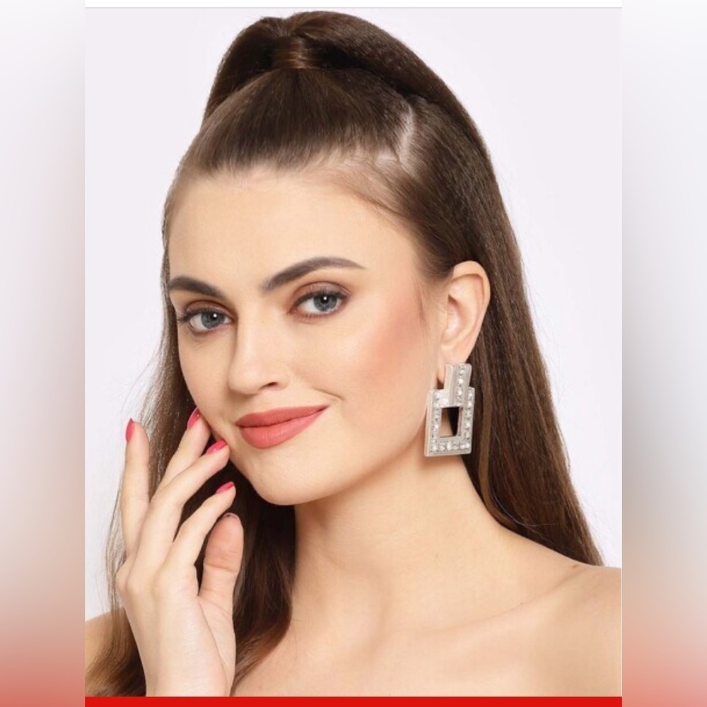 Silver Crystal Geo Square Drop Earrings
